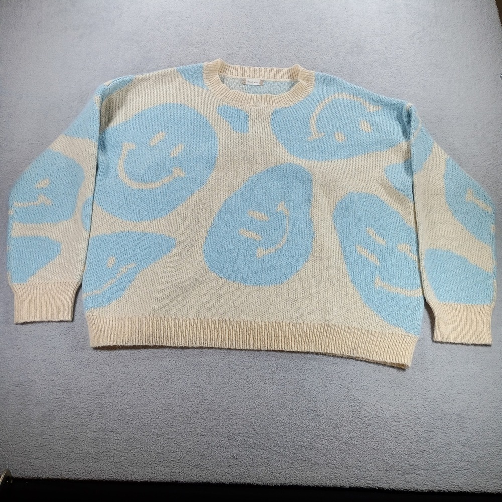 Altar'd State Women Smiley Face Sweater Blue Cream Large Oversized Knit